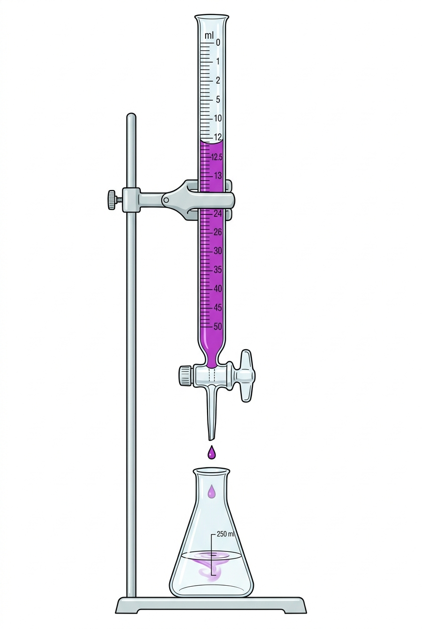 酸化還元滴定装置全体（ビュレット・コニカルビーカー）