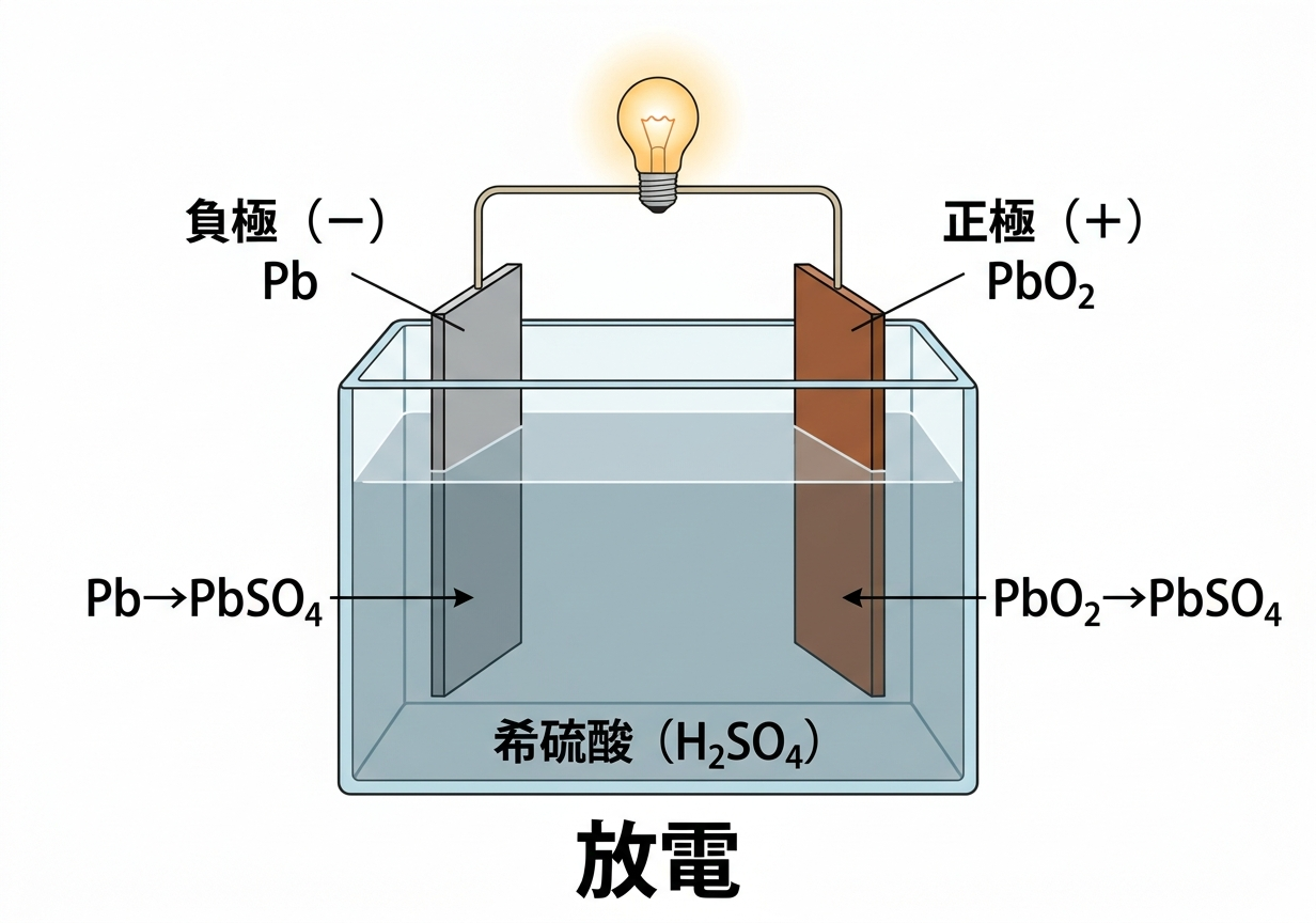 鉛蓄電池の放電のしくみ（Pb負極・PbO₂正極・希硫酸）