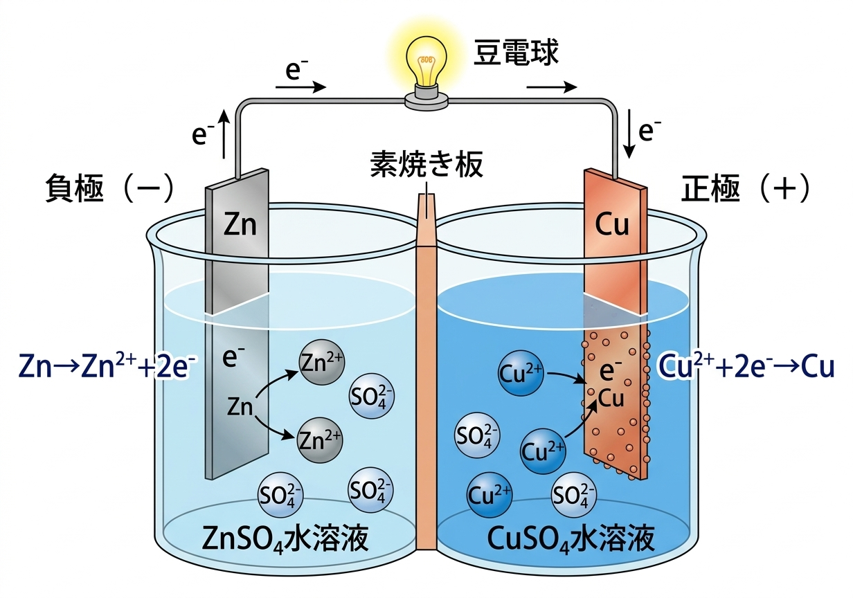 ダニエル電池の構造図（亜鉛板・銅板・素焼き板・ZnSO₄・CuSO₄）