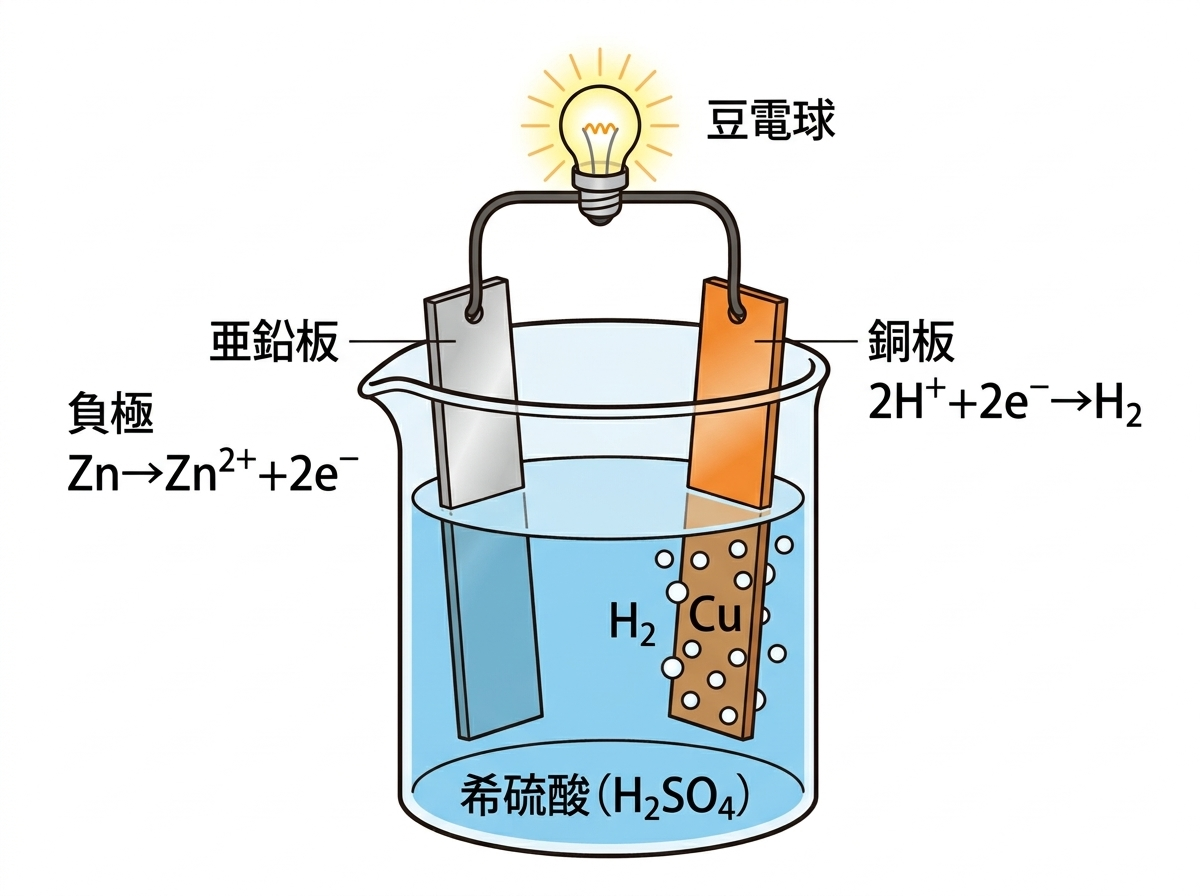 ボルタ電池の構造図（亜鉛板・銅板・希硫酸）